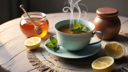 Healing herbal tea with honey and lemon for immunity and cold relief copy space