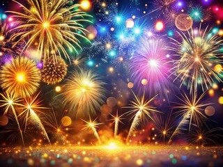 Fototapeta premium Festive New Year's Background with Sparkling Decorations and Fireworks for Celebrations and Party Invitations