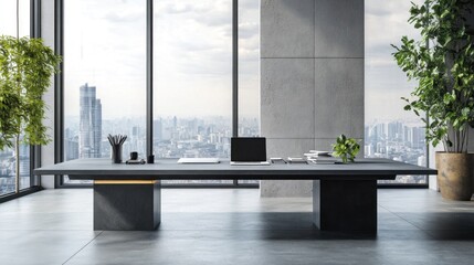 Modern office space with a sleek desk, laptop, and city view.