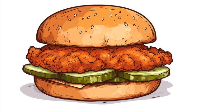 Cartoon illustration of a fried chicken sandwich with pickles and cheese on a sesame seed bun.