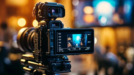 A professional camera records an event in a dimly lit room, capturing the action with a steady hand