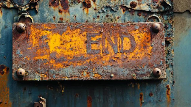 A rusty metal sign with the word END painted on it