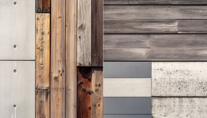 Close-up of a wall made of concrete, wood, and stone.