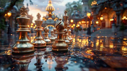 Fototapeta premium Golden Chess Pieces on a Wet Chessboard at Night