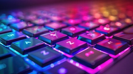 Close-up of a Black Keyboard with Neon Pink and Blue Backlighting