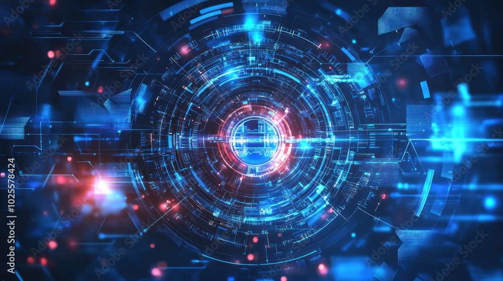 Poster abstract digital design featuring concentric circles and glowing elements in blue and red.