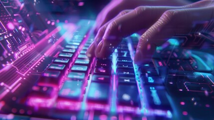 Obraz premium Closeup of Hands Typing on a Glowing Keyboard