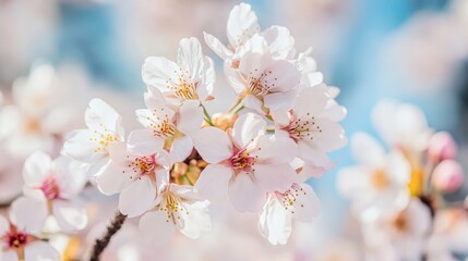 Close-up of delicate white cherry blossoms in full bloom, with a soft blue sky background.