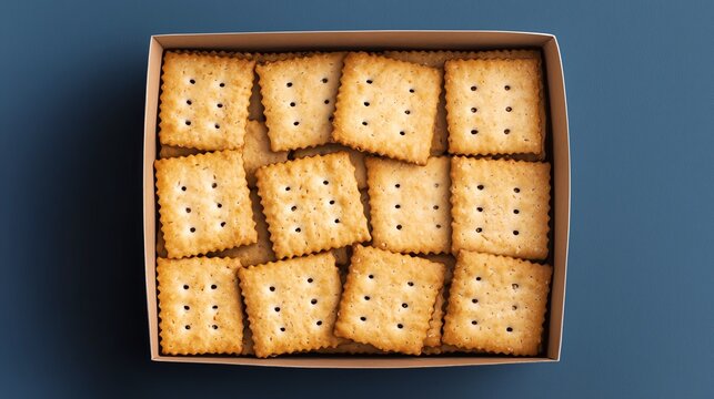 A box filled with neatly arranged golden crackers on a blue background.