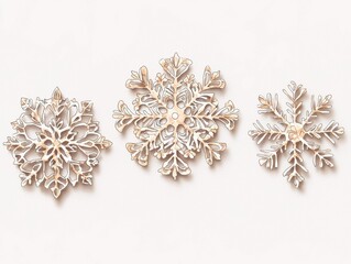 Elegant snowflakes, intricate designs, white isolate background.