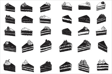Set of cake slice silhouettes vector.  Set of cake slice silhouettes for sweet treats. Stylish set of cake slice silhouettes vector illustrations. Cake slice silhouettes vector for dessert designs