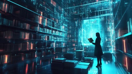 Obraz premium A futuristic library where books are displayed as holograms, and readers interact with immersive, three-dimensional stories