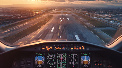Cockpit pilot Flight Deck display. Throttle jet cabin with control panel plane. View in windows blue sky clouds, airplane pilot