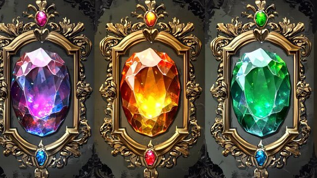 Three large, ornate, jeweled gems are displayed in gold frames
