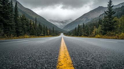 An empty road with yellow lines surrounded by green trees and mountains