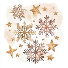 Gold and silver snowflakes with stars on a watercolor background.