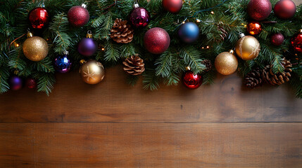 Festive evergreen garland with multicolored baubles and pinecones