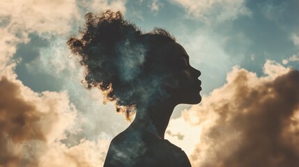 Silhouette of a woman with her head tilted back surrounded by clouds and smoke