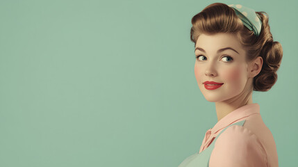 Vintage housewife with retro hairstyle and makeup, smiling gracefully