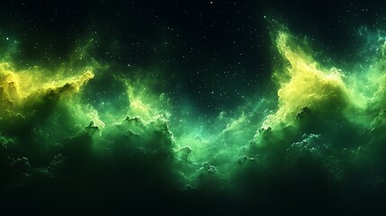 Obraz premium A vibrant green and yellow nebula with a scattering of stars against a dark background.