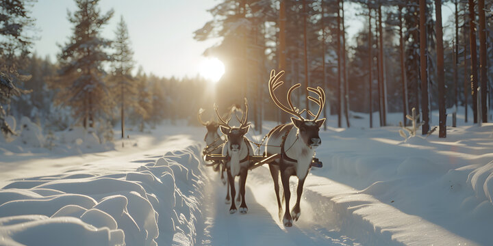 Trineo m&aacute;gico coberto de neve puxado por renas