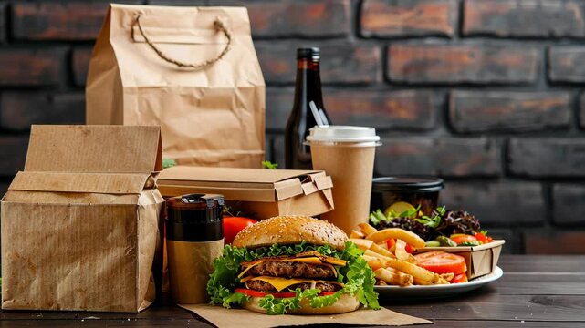 A delicious double cheeseburger sits ready to be eaten on a wooden table with a brick wall background