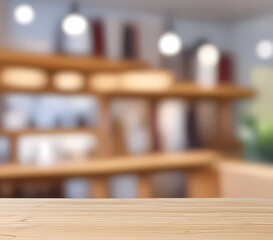 White table presentation, desk and blur background, Empty wood counter, shelf surface over blur restaurant white bokeh background, Wood table top for retail shop, store product display banner, mock up