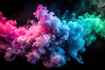Dynamic pink, blue, and green smoke clouds on black background with forced perspective