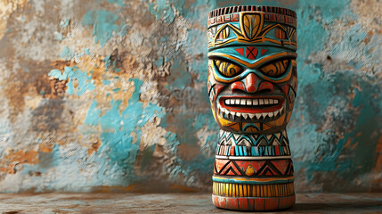 vibrant tiki mask with intricate details stands against textured background