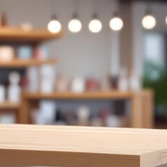 White table presentation, desk and blur background, Empty wood counter, shelf surface over blur restaurant white bokeh background, Wood table top for retail shop, store product display banner, mock up
