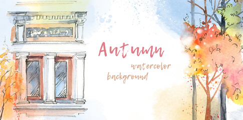 Panorama with a fragment of an old building with a window, architectural watercolor urban sketch. House, school, office in the autumn forest, park. Autumn watercolor background, text frame with trees