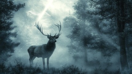 Naklejka premium A majestic stag stands in a misty forest, illuminated by a lightning strike.