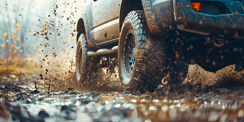 Caminhão off-road dirigindo por uma trilha lamacenta