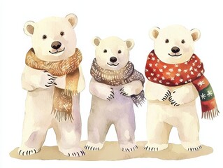 Three cute polar bears wearing colorful scarves.