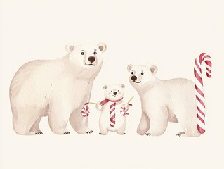 Three polar bears with candy canes on a white background