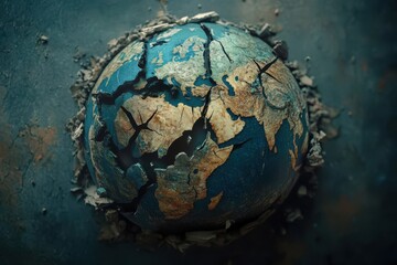 Fototapeta premium Cracked globe on a textured surface, symbolizing environmental challenges and global issues, with vivid colors and intricate details.