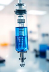 Close up of a glass medical syringe filled with a blue liquid, hanging in a sterile laboratory environment.