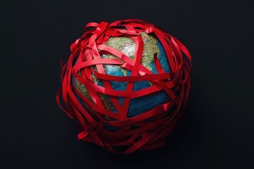 Creative globe wrapped in red tape symbolizing global bureaucracy, restrictions, and challenges. Conceptual image on a dark background.