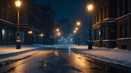 Charming winter night street illuminated by vintage lamps with falling snow and wet pavement