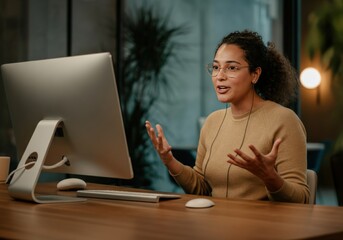 Woman in Glasses Sitting at a Desk, Talking Animatedly