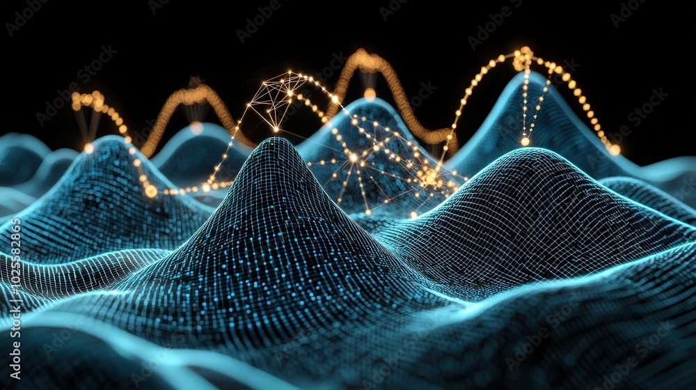 Poster abstract digital landscape with connected lines and glowing points