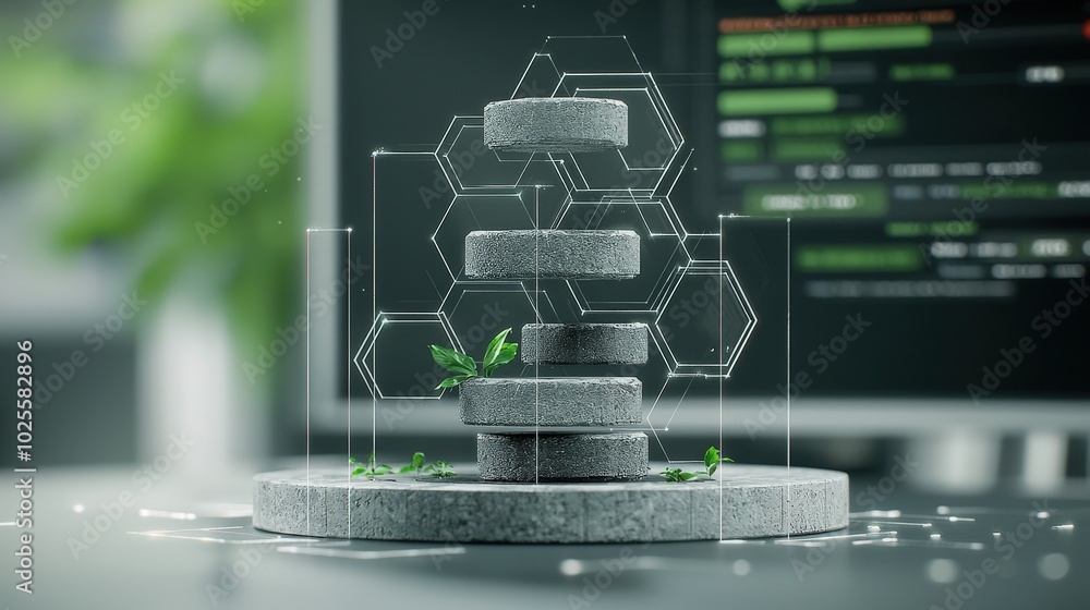 Poster abstract geometric hexagon pattern with 3d stone stack and green plant