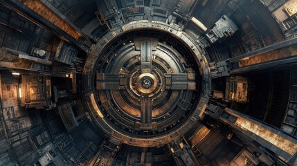 Obraz premium Futuristic industrial interior with a central circular mechanism, showcasing intricate metallic designs and symmetry.