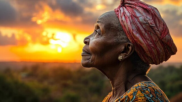 An elderly woman gazes at the setting sun, her face etched with a lifetime of stories
