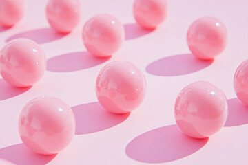 Pink candy balls scattered on a pink background.