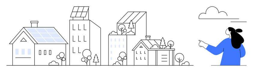Woman pointing at modern buildings with solar panels and green roofs. Ideal for sustainability, eco-friendly living, technology advances, renewable energy, and community designs. Simple line art