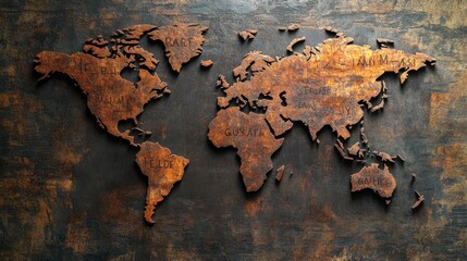 Rustic world map artwork on textured wall background. Perfect for travel, geography, and interior design themes. Rich colors and textures.