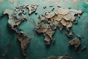 Fototapeta premium Rustic world map art with textured continents on a teal background, showcasing unique design and global perspective.