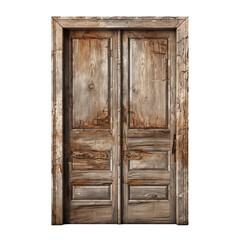 Rustic wooden double doors with peeling paint in a minimalist setting capturing vintage charm