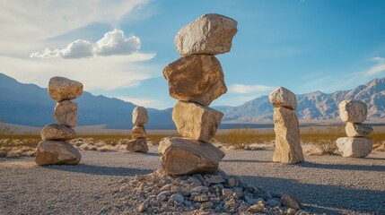 Fototapeta premium A striking art installation of large, stacked rocks or pillars in the middle of a desert, creating a sense of balance and harmony